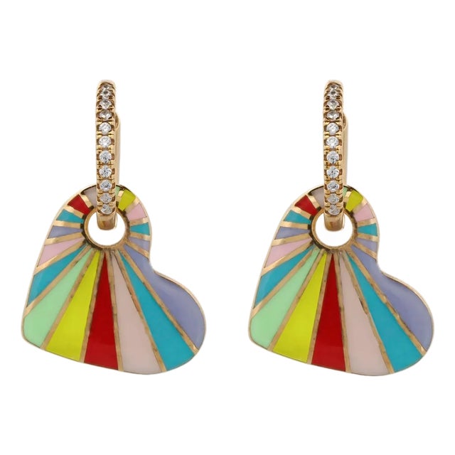 Rainbow Enamel Heart Gold & Diamond Hoop Earrings, A Pair For Sale