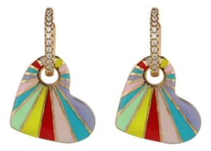 Rainbow Enamel Heart Gold & Diamond Hoop Earrings, A Pair