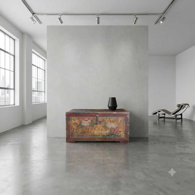 Brick Red Vintage Distressed Brick Red Brown Lotus Cranes Oriental Wood Trunk Table For Sale - Image 8 of 12