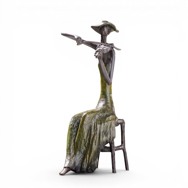 Figurative Ruth Bloch Woman Playing Violin Israeli Bronze Sculpture For Sale - Image 3 of 10