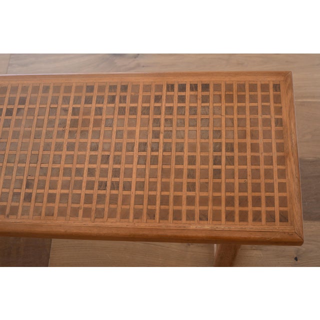Brown Mid Century Modern Square Pattern Inlay Wood Bench For Sale - Image 8 of 13