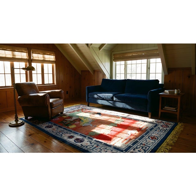 Extraordinary Ruby Red Background Color With Floral and Peacock Design Vintage Chinese Silk Rug For Sale - Image 15 of 15