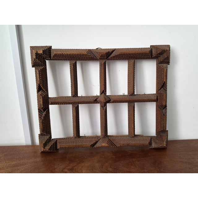 Wood Antique Tramp Art Photo Frame, Folk Art Wooden Picture Frame, Black Forest Style Cabinet Card Holder, Rustic Wall Display For Sale - Image 7 of 12