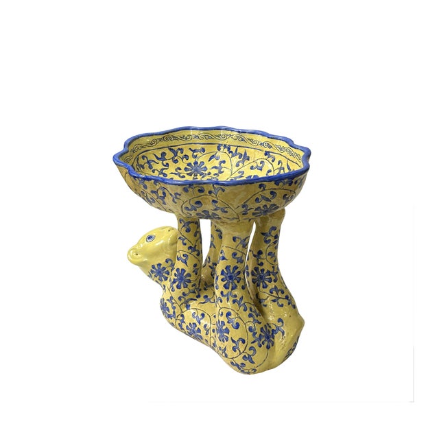 Vintage Oriental Yellow Base Color Blue Flower Monkey Holding Bowl Figure For Sale In San Francisco - Image 6 of 7