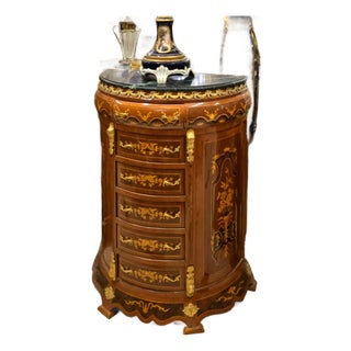 French Louis XVI Marble Top Semainier Chest With 5 Drawers, Floral Marquetry & Gold Leaf Details For Sale