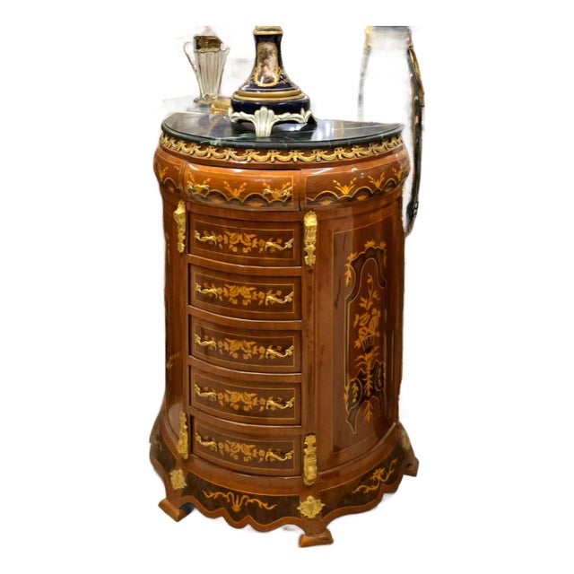 French Louis XVI Marble Top Semainier Chest With 5 Drawers, Floral Marquetry & Gold Leaf Details For Sale