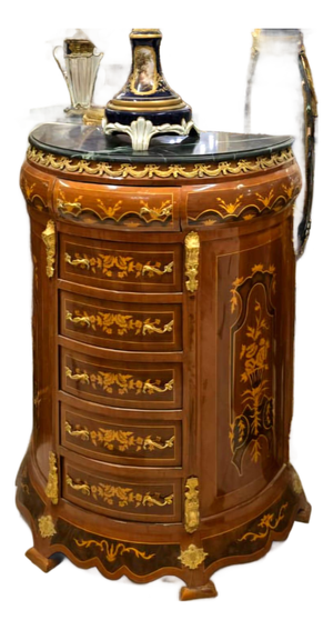 French Louis XVI Marble Top Semainier Chest With 5 Drawers, Floral Marquetry & Gold Leaf Details