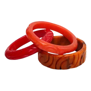 Vintage Art Deco Bakelite Carved Bangle Bracelets Red, Amber, Orange Set of 3