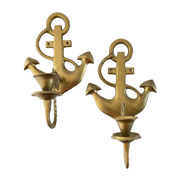 1980s Vintage Brass Anchor Candle Sconces - a Pair For Sale - Image 9 of 9