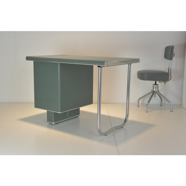 Forest Green Steeltube Desk with Desk Chair from Nori, France, 1958, Set of 2 For Sale - Image 8 of 18