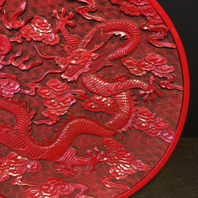 Carved Cinnabar Lacquer Plate — Dragon & Cloud Motif, Hand-Carved Relief For Sale - Image 9 of 9