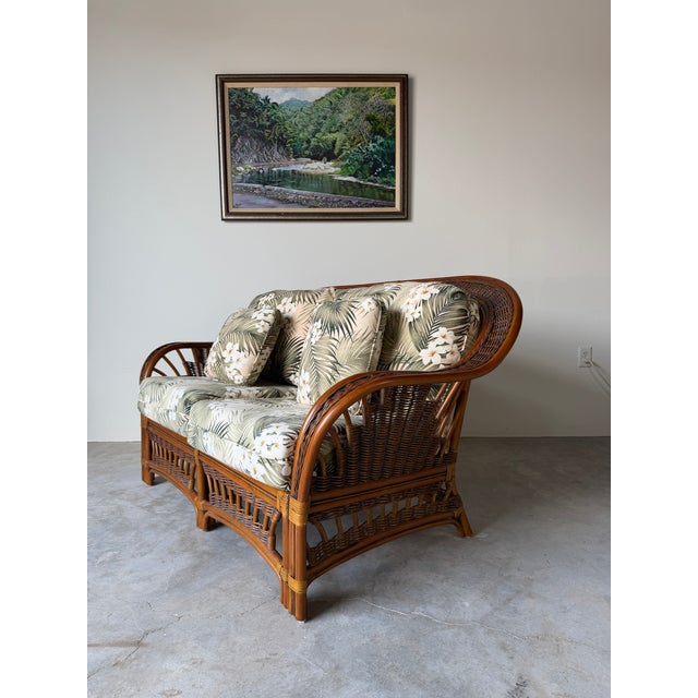 Mid-Century Modern Vintage Coastal Organic Bohemian Rattan & Leather-Wrapped Loveseat For Sale - Image 3 of 12