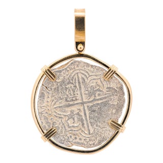 Authentic Atocha Shipwreck 4 Reale Grade 2 Potosi Mint Coin 14K Bezel Pendant For Sale