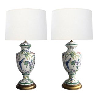 Pair of Italian Hand-Painted Porcelain Baluster-Form Lamps With Bird Motifs For Sale