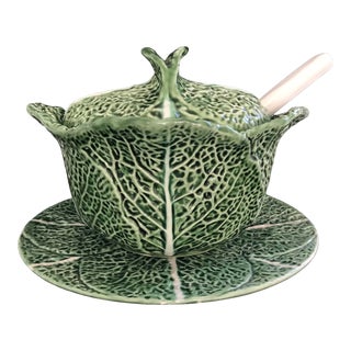 Majolica Cabbage Leaf Soup Tureen With Underplate and Ladle, Portugal For Sale