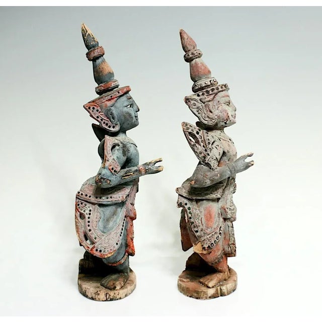 Shabby Chic Antique Teppanom / Guardian Thai Angels, Carved Wood Statues or Figures - A Pair 18" For Sale - Image 3 of 10