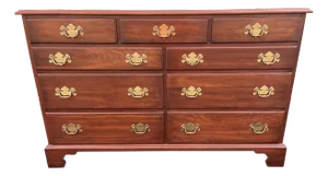 1970s Henkel Harris Solid Black Cherry Chippendale 9-Drawer Dresser