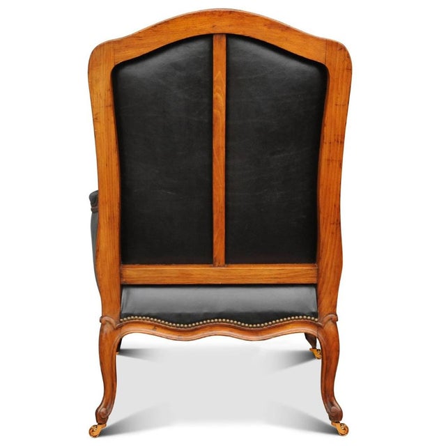 Louis XV French Black Leather Bergere Armchair with Brass Stud Detailing For Sale - Image 3 of 6