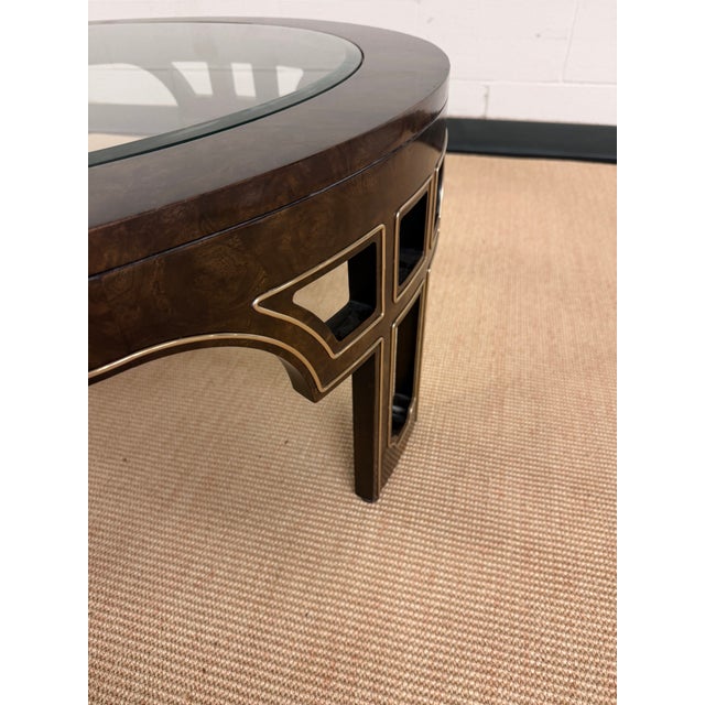1970’s Ultra Rare Round Mastercraft Burled Glass Top Coffee Table With Intricate Recessed Brass Trim. For Sale - Image 11 of 12
