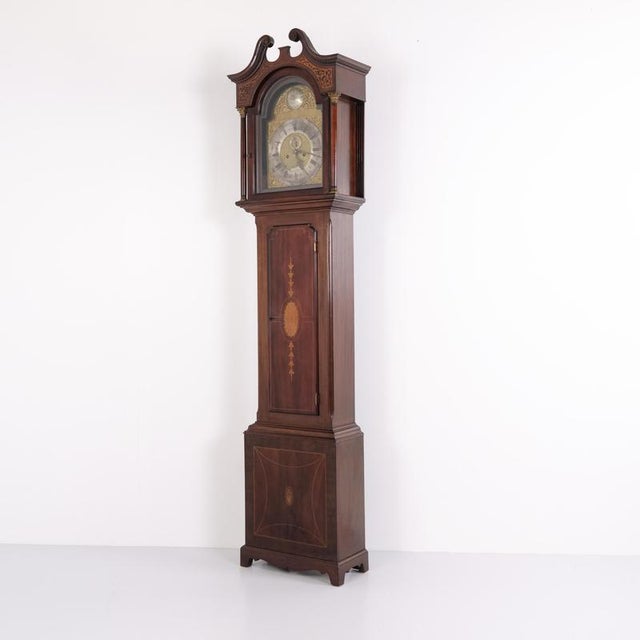 English Mahogany Longcase Clock with Marquetry and Brass Dial, 1880s For Sale - Image 10 of 13