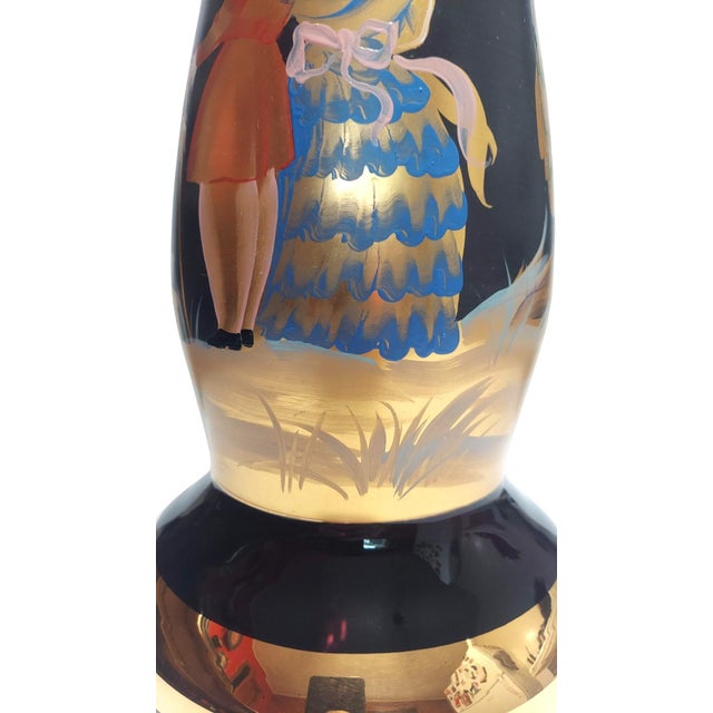 Traditional Hand Painted Purple Glass Vase Gilt Gold Regency Style Courting Couple Hearth Mantel Left Facing For Sale - Image 3 of 9