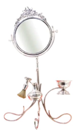 Silver Barber Hand Mirror with Perfumer and Brush and Cup