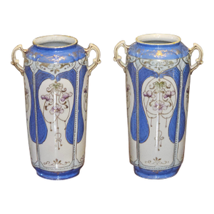 Pair Late 19th Century Hand Painted Porcelain Meiji Nippon Vases