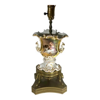 19th Century French Vieux Paris Hand-Painted Porcelain Vase Table Lamp Gilt Brass Swan Base. For Sale