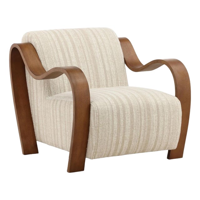 Ribbon Wood & Chenille Stripe Art Deco Arm Chair For Sale