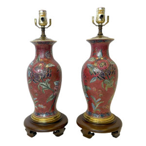 Vintage Ceramic Vase Lamps With Elegant Floral Design on Wood Plinths- A Pair