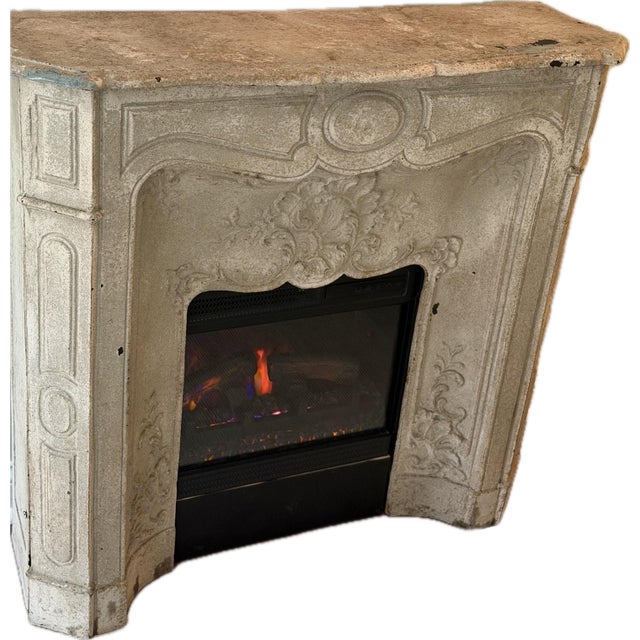 Antique French Louis XV Style Cast Iron Fireplace Mantel With Rocaille Cartouche, Painted Faux-Stone Finish For Sale - Image 9 of 9
