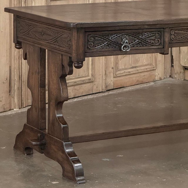 Antique Neo Gothic Carved Oak Trestle Three Drawer Writing Desk For Sale In Dallas - Image 6 of 18
