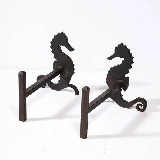 Pair of 1930s Art Deco Andirons in Patinated Black Enamel With Mirrored Seahorse Sillouette Motif For Sale - Image 11 of 12