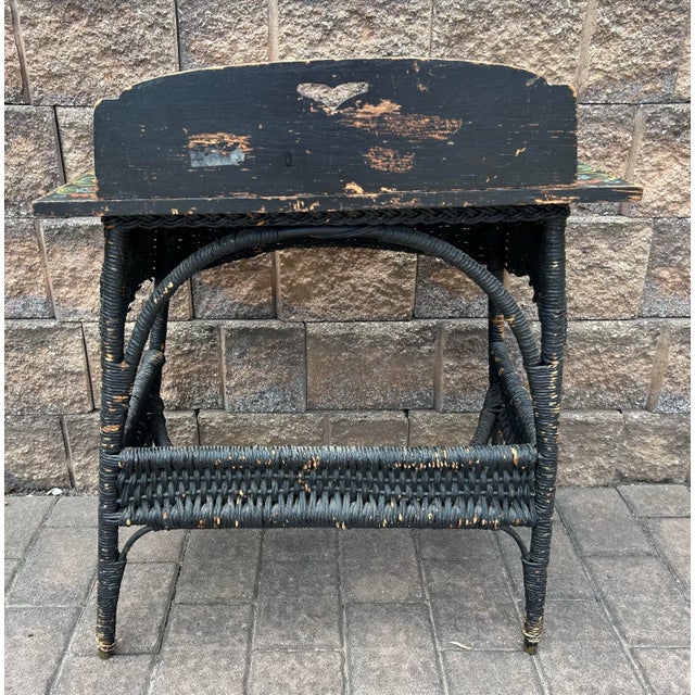 Ebony Antique 1940’s Pennsylvania Dutch Wicker and Wood Writing Desk With Handpainted Hex Signs For Sale - Image 8 of 9