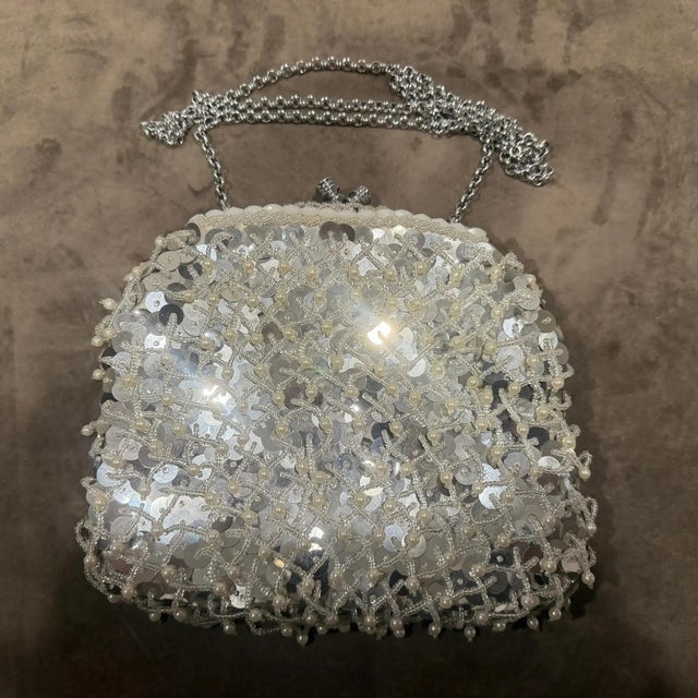 1950s 1950s Retro Silver Silk, and White Beads Hand-Crafted Italian Evening Bag For Sale - Image 5 of 9