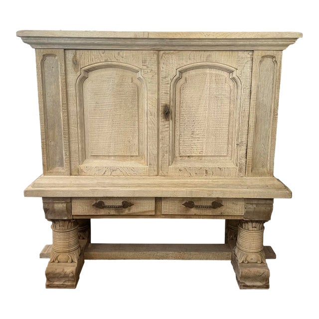 French Provincial Hand-Carved Bleached Oak Bar or Curiosity Cabinet For Sale