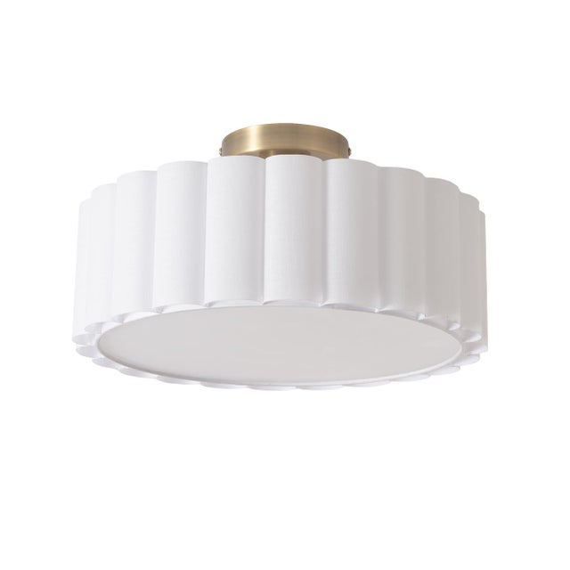 Scalloped, Flush Mount Lamp, Weathered Brass, White Linen, Diffuser For Sale - Image 4 of 6