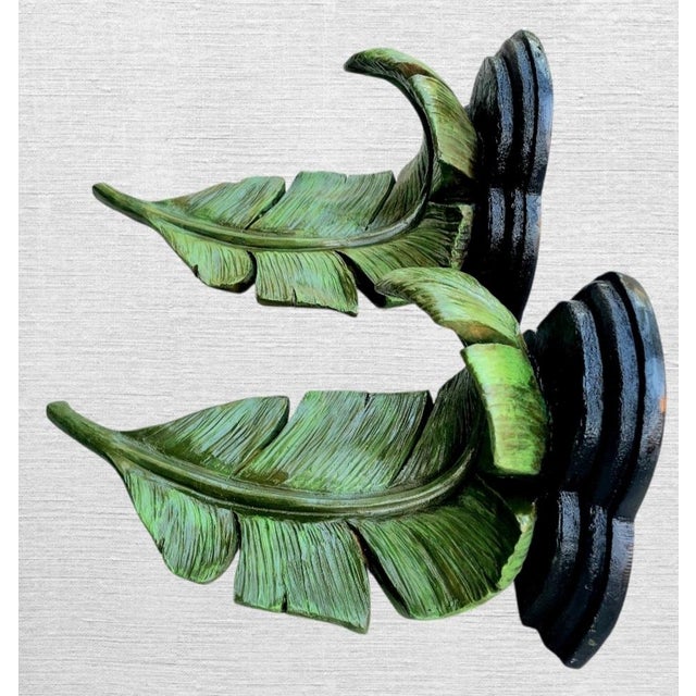 Vintage Handpainted Palm Beach Regency Oversized Curved Leaf Wall Brackets Shelf-a Pair For Sale In West Palm - Image 6 of 9