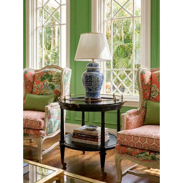 Hollywood Regency Large Hickory Chair Atelier Collection Oval Bar Cart With Brass Gallery Rail & Antiqued Mirror Top For Sale - Image 3 of 8