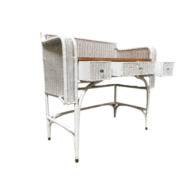 1940s Shabby Chic White Wicker Mahogany Top Writing Secretary Desk W/ Chair For Sale In Los Angeles - Image 6 of 14