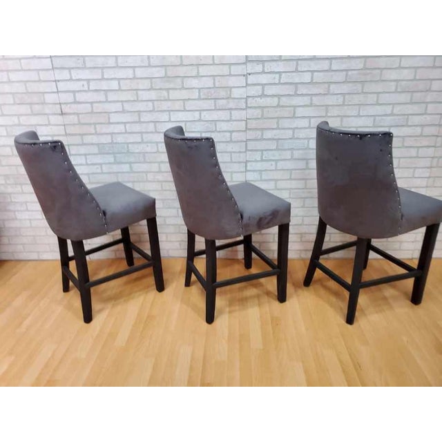Early 21st Century Restoration Hardware Barrel Back Stools Newly Reupholstered in Charcoal Silk Velvet - Set of 3 For Sale - Image 5 of 8