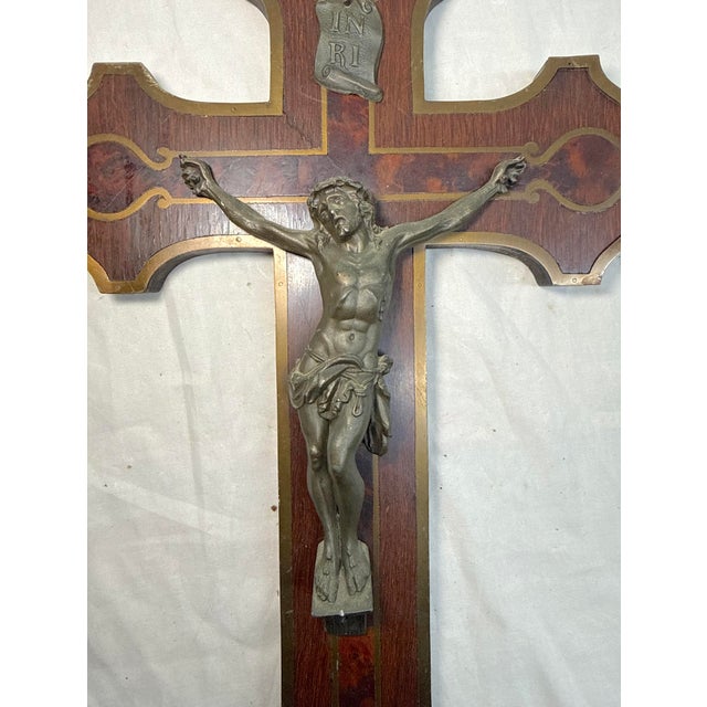 French Antique 1800's French Bronze Patinated Metal Inlaid Wood Wall Crucifix Cross For Sale - Image 3 of 12