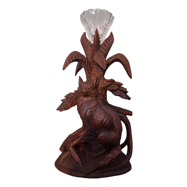 Antique Black Forest Vase Holder Fox with Crystal Vase, 1920s For Sale