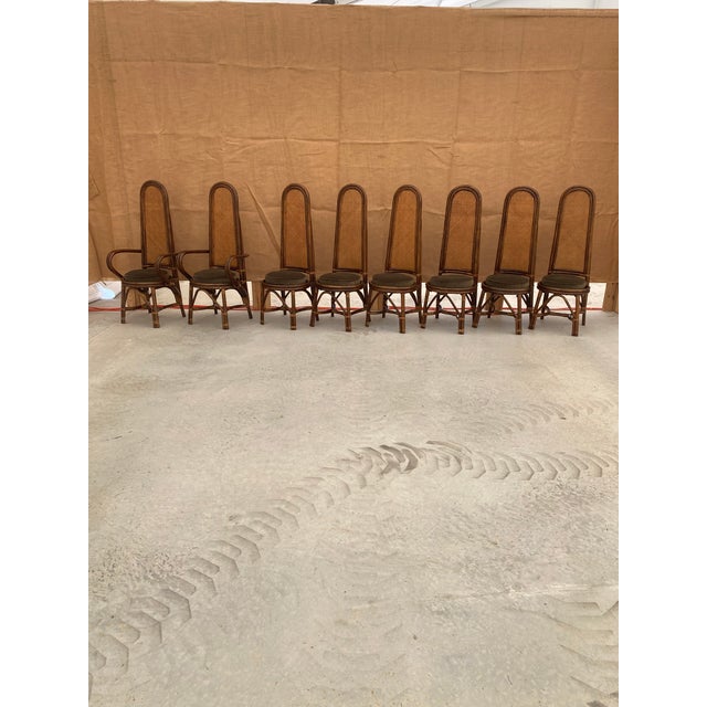 Mid-Century Modern 1960s Rattan + Cane Dining Chairs + Dark Moss Green Down Seat Cushions, Set of 8 For Sale - Image 3 of 12