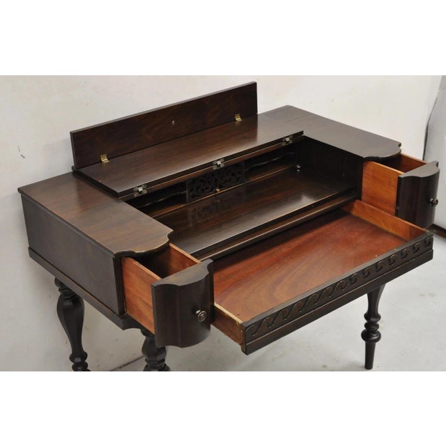 Antique Victorian Mahogany Spinet Piano Style Flip Top Secretary Writing Desk For Sale - Image 4 of 11