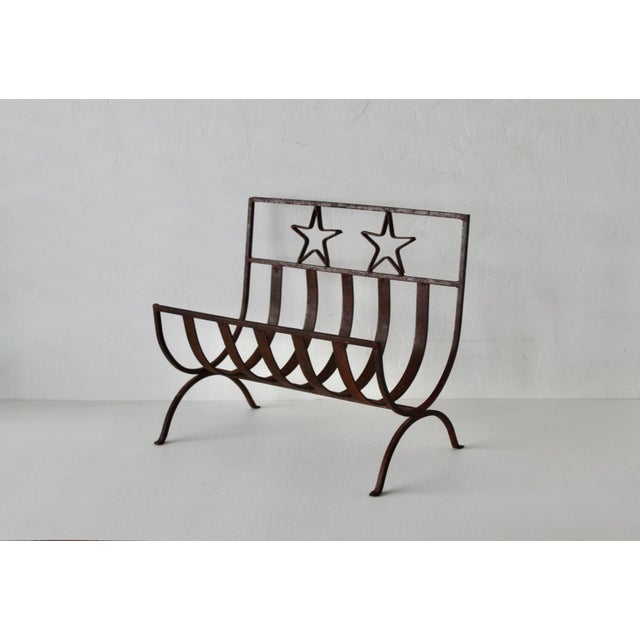 Rustic Rustic Western Style Wrought Iron Fireplace Log Holder Open Stars Cutouts Detail Vintage For Sale - Image 3 of 13