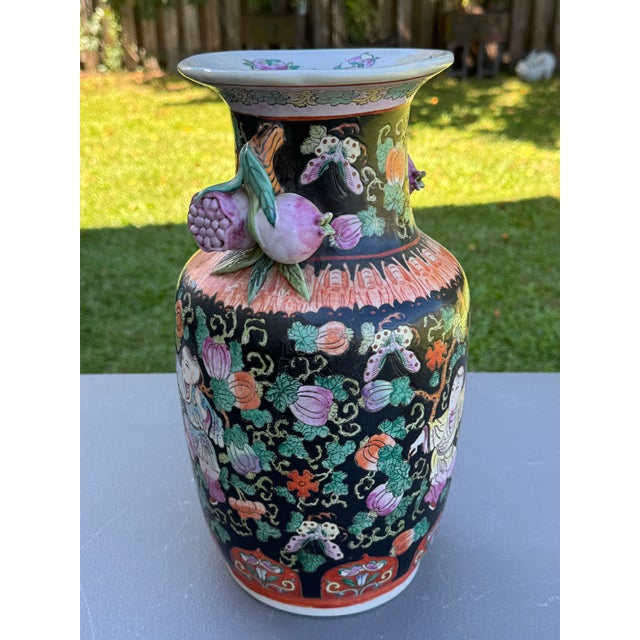 Vintage Chinese Ceramic Vase W/Butterflies, Flowers & Pomegranate Fruit Handles For Sale - Image 4 of 16