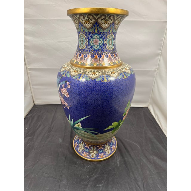 Blue Large 20" Chinese Cloisonne Enamel Vase Cobalt Blue Birds Cherry Blossom Vintage For Sale - Image 8 of 12