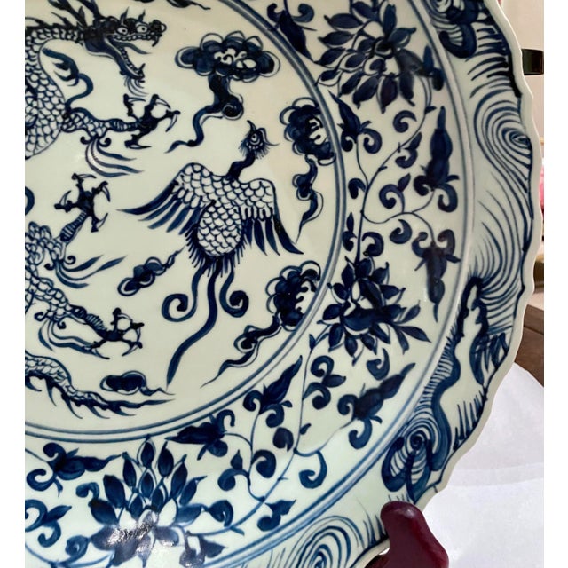 Pair of Oversized Chinese Blue & White Porcelain Charger Plates With Dragon & Phoenix Motif – 17.4” For Sale - Image 10 of 12