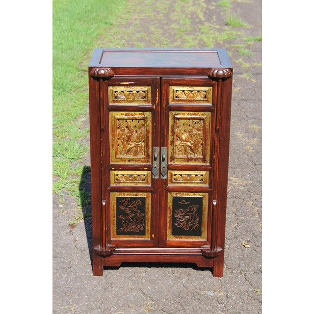 1980s Chinoiserie Cabinet With Carved and Painted Panels For Sale - Image 16 of 17
